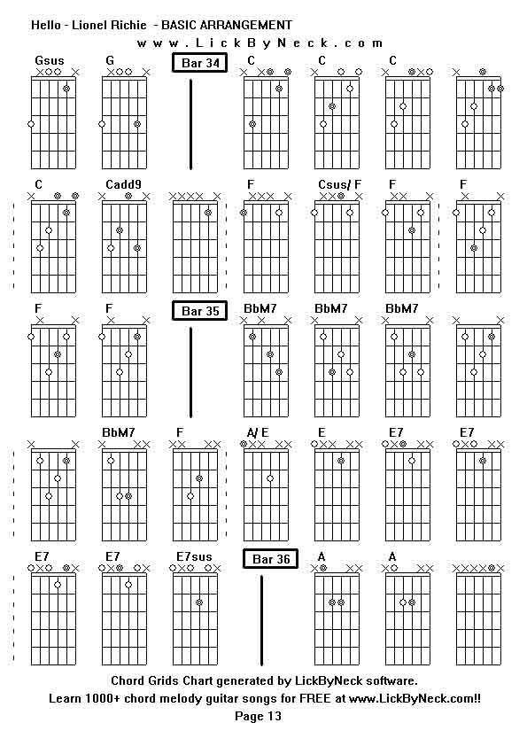 Chord Grids Chart of chord melody fingerstyle guitar song-Hello - Lionel Richie  - BASIC ARRANGEMENT,generated by LickByNeck software.